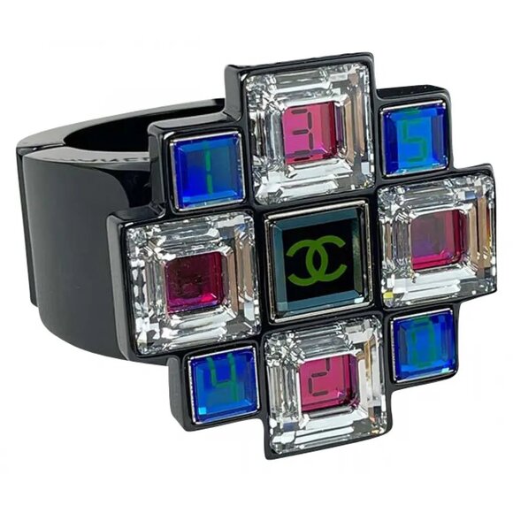 Authentic New Chanel 2017 Blue Pink White Crystals Numbers Black Resin Cuff Brac - Picture 1 of 5